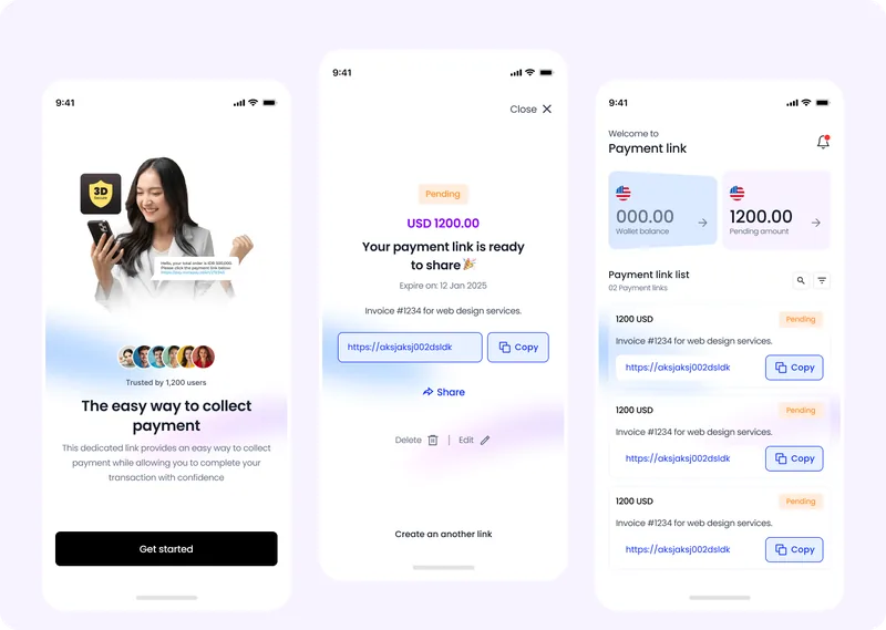 Payment links merchant flow — fintech product UI design