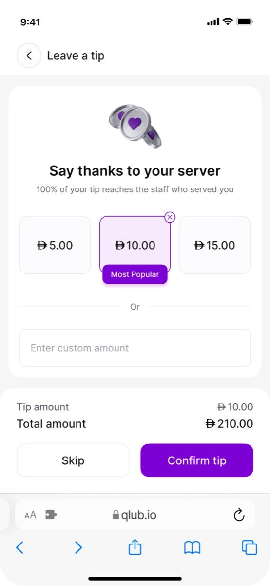 The tipping step with an amount pre-selected