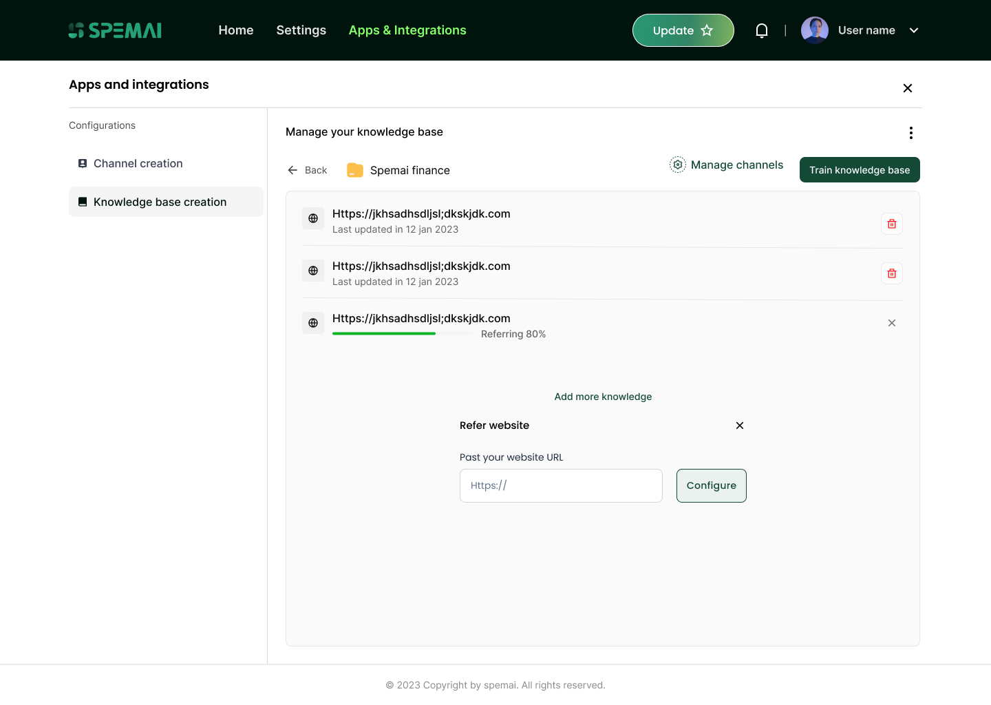 Apps and integrations in the Spemai web app: managing a knowledge base, adding source websites and training the knowledge base