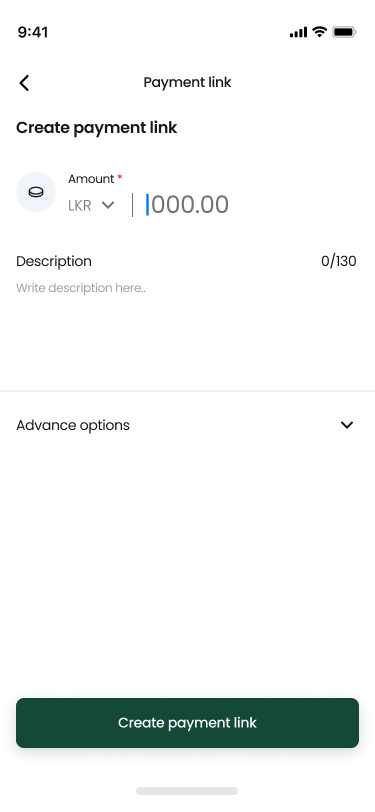 Create payment link: entering an amount, a description and advanced options