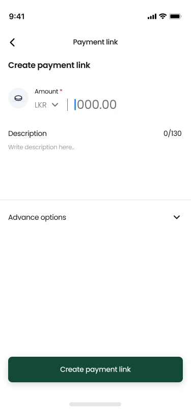 Create payment link: entering an amount, a description and advanced options