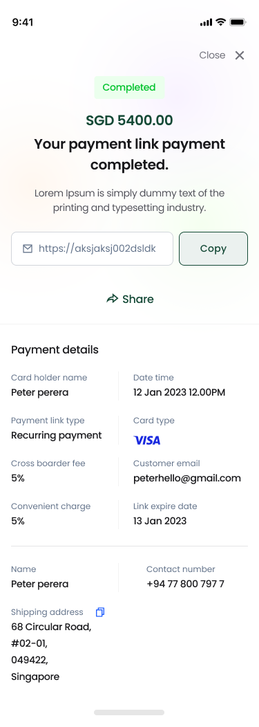 Payment completed, with the payment details listed below the confirmation