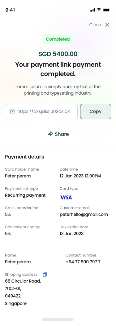 Payment completed, with the payment details listed below the confirmation