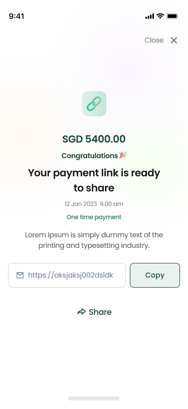 Your payment link is ready to share, with the link ready to copy