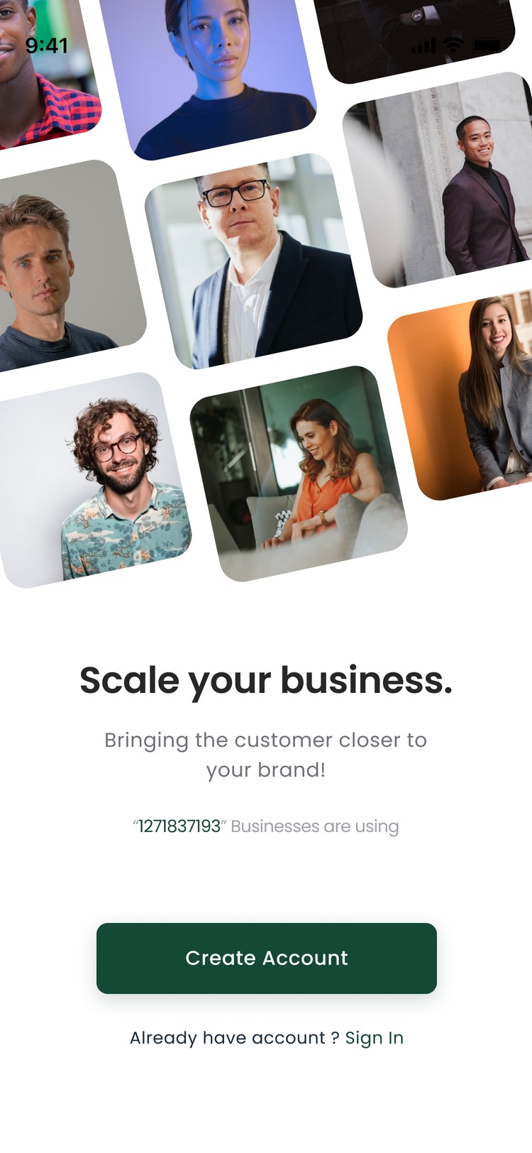 The account creation screen, inviting a business to scale with Spemai