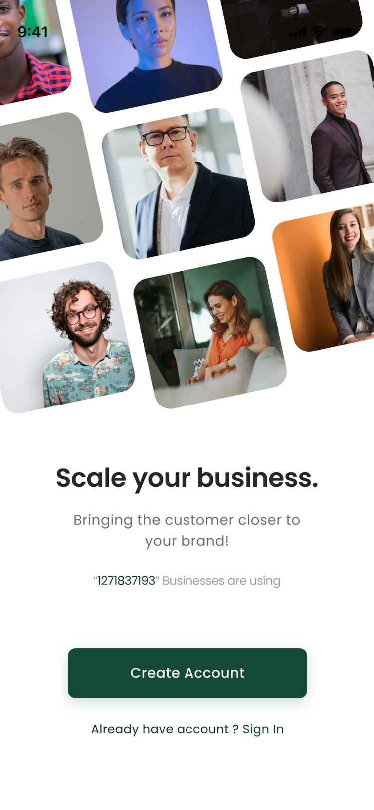The account creation screen, inviting a business to scale with Spemai