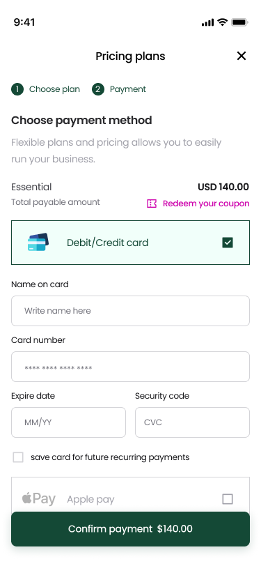 The pricing plans screen: choosing a plan and entering card details